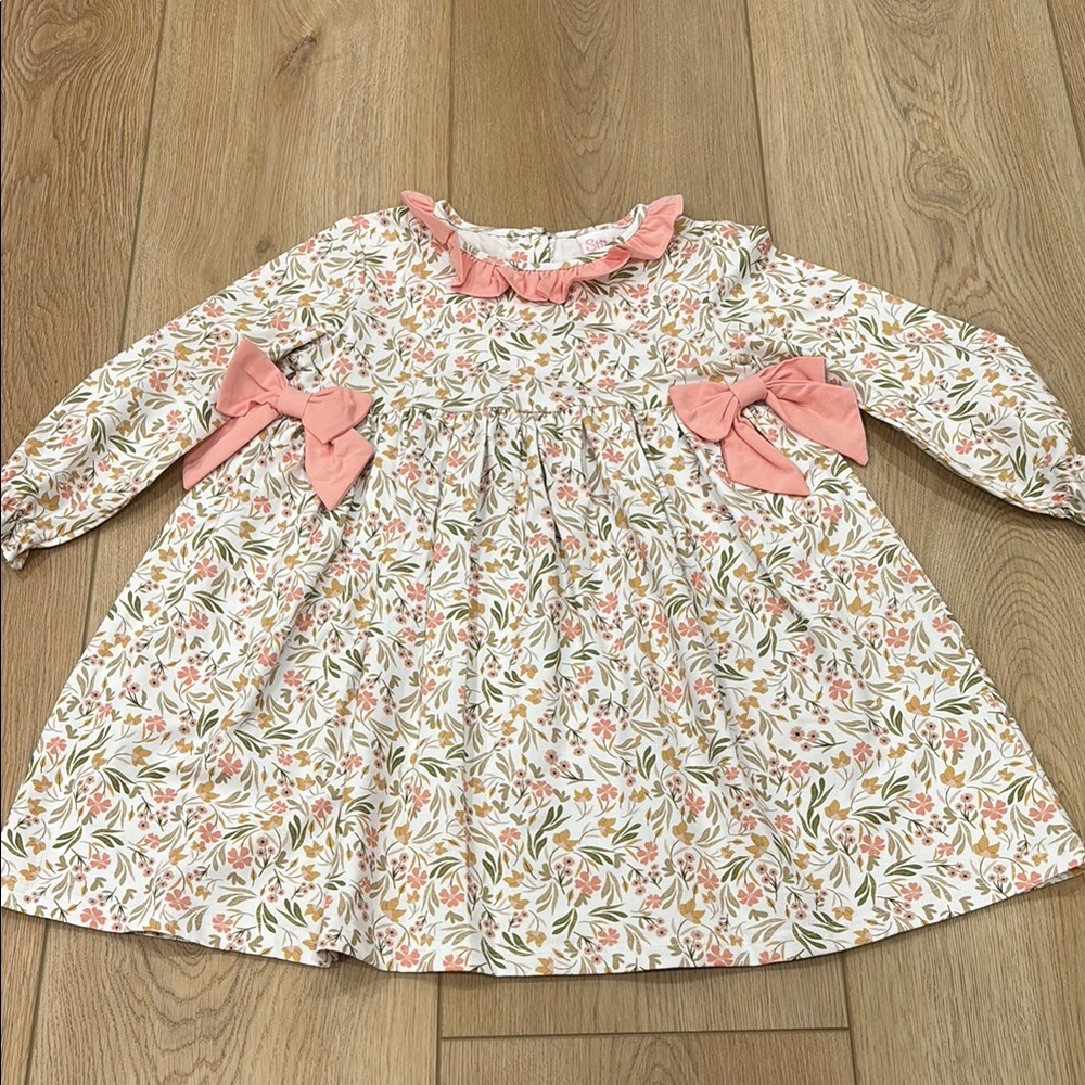 Stitchy Fish Floral Long Sleeve Dress with Pink Bows